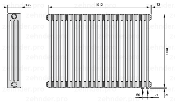 Схема (чертеж) Радиатор Zehnder Charleston 4180/22 №5510 Белый глянцевый RAL 9016